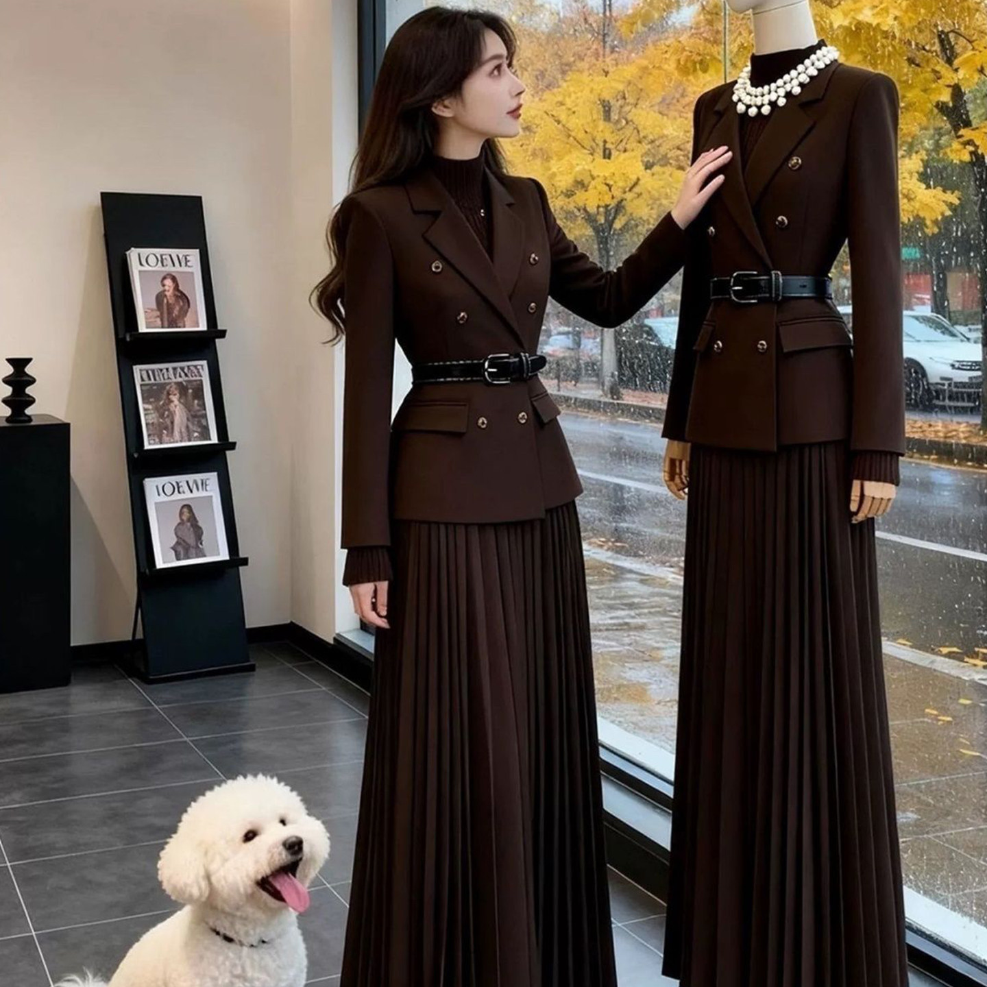 Men'S Formal Wear Belt - Women Brown Two Piece Suit Set
